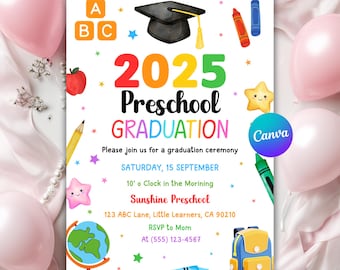 幼稚園卒業式招待状、幼稚園卒業式招待状、2025年度卒園式パーティー、編集可能なCanvaテンプレート