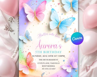 Editable Butterfly Birthday Invitation, Pink & Purple Butterfly Theme Party Invite | Instant Download Printable Template