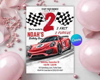 Invito di compleanno Two Fast, invito di compleanno Two Fast per il secondo anno, invito per una festa Two Fast, invito stampabile per il secondo compleanno, modello Canva modificabile