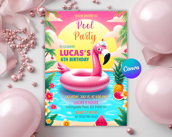 Splish Splash Pool Party Invitation for Girls | Flamingo Summer Birthday Invite | Editable Swimming Canva Template