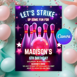 Glow Bowling Birthday Invitation for Boys – Editable Neon Party Canva Template – Strike Up the Fun