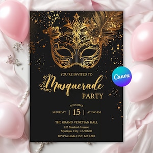 Masquerade Party Invitation, Masquerade Ball Invitation, Themes for Masquerade Party, Black and Gold Masquerade Invite, Editable Canva