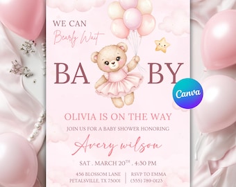 Faire-part de baby shower We can Bearly Wait, invitation baby shower ours, invitation baby shower fille rose We can Bearly Wait, modèle modifiable canva