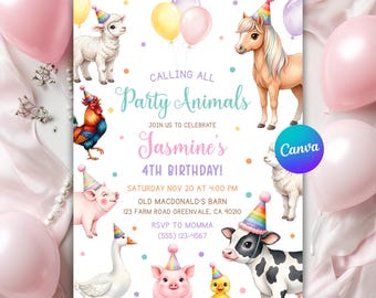 May include: A whimsical invitation for a 4th birthday party, featuring watercolor illustrations of farm animals wearing party hats. The text reads "Calling All Party Animals" and includes the event details: Jasmine's 4th Birthday, Saturday Nov 20 at 4:00 PM.