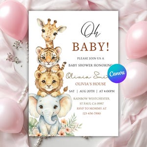 Inbjudan till babyshower med djungeldjur, könsneutralt giraff, tiger, lejon, elefant-tema, redigerbar Canvas-mall