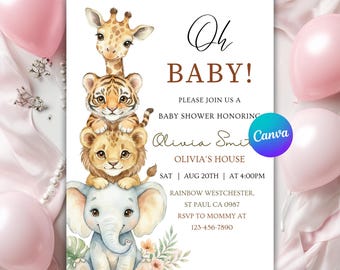 Oh Baby Safari Baby Shower Invitation, Jungle Animals Baby Shower, Gender Neutral Giraffe Tiger Lion Elephant Theme, Editable Canva Template