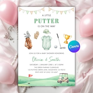 A Little Putter Is on the Way | Golf Baby Shower Invitation | Let’s Par-Tee Co-Ed Couples Shower | Editable Canva Template