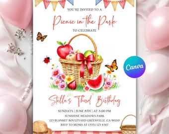 Picnic In the Park Birthday Invitation, Picnic Birthday Party, Girl Sweet Summer Picnic Party, Picnic Invitation Canva Editable Template