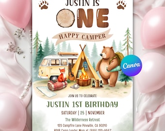 One Happy Camper Birthday Invitation | Editable Camping Theme for Boys | Lumberjack Bear 1st Birthday Party Printable Template