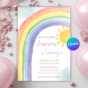 May include: A birthday invitation with a watercolour rainbow and a yellow sun. The invitation says "Join us to celebrate Jasmine is turning 5" with event details. Pink balloons and decorative pearls surround the invitation.