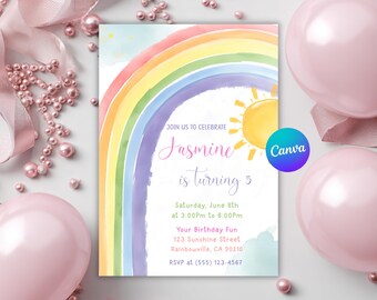 May include: A birthday invitation with a watercolour rainbow and a yellow sun. The invitation says "Join us to celebrate Jasmine is turning 5" with event details. Pink balloons and decorative pearls surround the invitation.