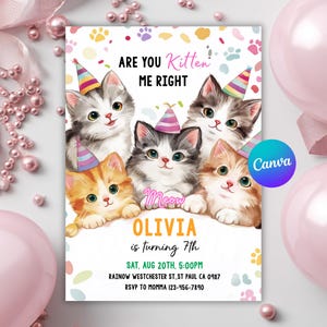 May include: A birthday party invitation with five cartoon kittens wearing party hats. The invitation text reads "Are you Kitten Me Right?" and includes the name "Olivia" and party details. Pink balloons and decorations surround the invitation.