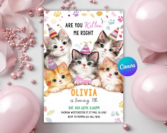 猫の誕生日招待状、猫をテーマにしたパーティー招待状、パーティーのお祝い、子猫ちゃんに会える招待状、編集可能なCanvaテンプレート
