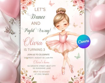 Invitación de segundo cumpleaños con tutú, fiesta de ballet de bailarina rosa, invitación imprimible para cumpleaños de niña, plantilla editable de Canva