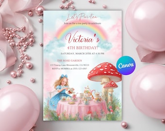 Roze gouden Par-Tea verjaardagsuitnodiging, grillige High Tea Party meisje uitnodigen, Tea Birthday Party digitale download, bewerkbare Canva-sjabloon