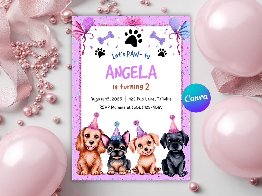 Let's Pawty Dog Birthday Invitation Canva Template | Puppy Party ...