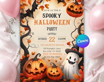 Halloween-Party-Einladung, Let's get Spooky Ghost & Kürbis-Thema, Halloween-Einladung, Halloween-Spooky-Party-Einladung, bearbeitbare Canva