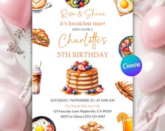Breakfast Birthday Invitation, Rise and Shine Birthday Invitation, Brunch Birthday Invite, Pancakes Bacon Eggs Cooking Class, Canva Editable
