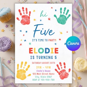 Hi-Five-Geburtstagseinladung, 5. Geburtstag, bearbeitbare High Five-Geburtstagsfeier-Einladungsvorlage, druckbare Hi Five-5.Geburtstags-Party-Canva