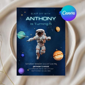 Weltraum Astronaut Geburtstagseinladung - Bearbeitbare Kinder Party Karte - Sonnensystem Thema Printable - Rakete Canva Vorlage Sofort-Download