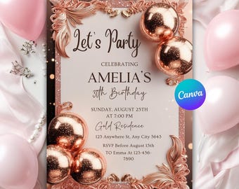 Rose Gold Birthday Dinner Party Invitation for Women, 40th Birthday Women Invitation, Let’s Party Invite, Rose Gold Theme, Editable Canva