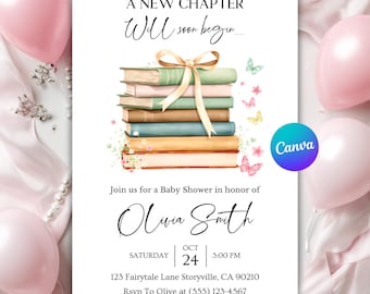 Paquete para Baby Shower "Un Nuevo Capítulo", Invitaciones para Baby Shower "Comienza su Próximo Capítulo", Baby Shower de Cuento, Baby Shower con temática de libros, Editable en Canva