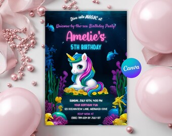 Unicorn Mermaid Invitation, Unicorn Invitation Under The sea Neon Birthday Invitation, Magical Unicorn Invitation, Editable Canva Template