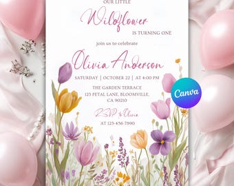 Floral 1st Birthday Invitation, Wildflower Birthday Party Invite, Garden Party Invite, Our Little Wildflower First Birthday, Canva Editable