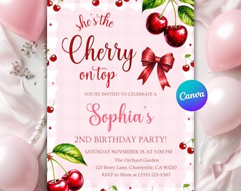 Cherry Birthday Invitation, Cherry on Top Invite, Pink Ribbon Cherry Birthday Invitation, Girl 2nd Birthday Invite, Canva Editable Template