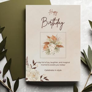 Plantilla imprimible de tarjeta de felicitación de cumpleaños, invitación personalizable para niños y adultos, diseño elegante, descarga instantánea.