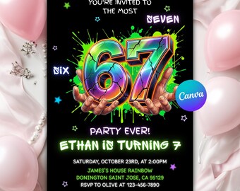 Invitación para fiesta de cumpleaños de niño de 6 a 7 años, meme de cumpleaños de seis y siete, invitación de cumpleaños de niño de 7 años, plantilla editable de Canva