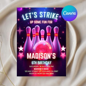 Convite para festa de boliche infantil com neon - Personalize seu cartão de aniversário divertido - Modelo editável