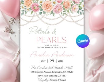Invitation nuptiale de douche de perles et de pétales | Douche de mariage brunch bohème | Teintes neutres douces de fleurs sauvages | Modèle de toile modifiable