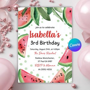 One in a Melon Watermelon Invite | Summer Girl Birthday Party Watercolor Card | Instant Download Editable Template