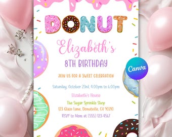 Donut Birthday Invitation, Donut Invitation, Donut Invites, Donut Party Invitation, Sweets Dessert Donut Candy, Canva Template Editable