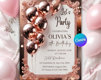 Rose Gold Birthday Dinner Party Invitation for Women, 40th Birthday Women Invitation, Let’s Party Invite, Rose Gold Theme, Editable Canva