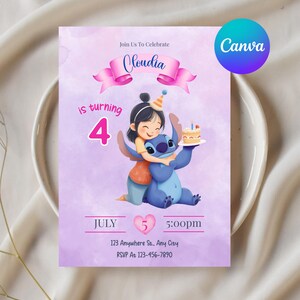 Editable Stitch & Angle Birthday Invitation - Editable Disney Party Card - Ohana Theme Printable - Kids Canva Template Instant Download