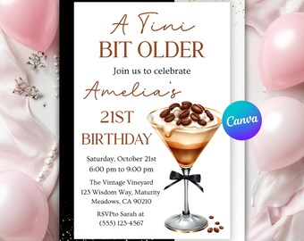 Plantilla de invitación de cumpleaños para adultos mayores con temática de Tini Bit, invitación de cumpleaños con temática de Espresso Martini, invitación elegante para cóctel, plantilla editable en Canva