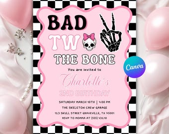 Invitation d'anniversaire de Bad Two the Bone | Invitation numérique modifiable | Two Cool Party pour 2e anniversaire de fille | Modèle rose Bad Bone Canvas