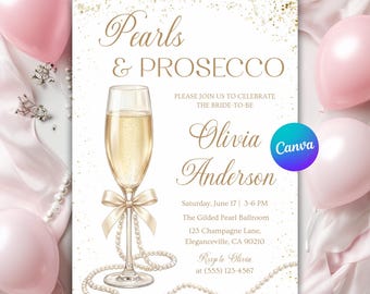 Faire-part de douche nuptiale perles et prosecco, noeud blanc perle de douche de mariage élégant, modèle de toile modifiable