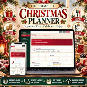 May include: A digital Christmas planner displayed on a laptop and smartphone screen, featuring a dashboard with holiday countdowns, budget tracking, gift lists, and to-do items. The interface includes text like The Complete Christmas Planner.