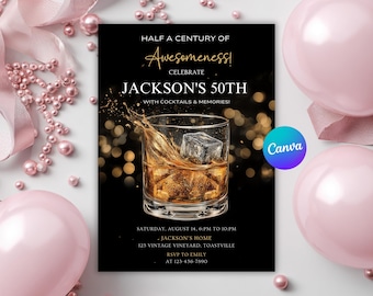 Whiskey Birthday Invitation, Editable Adult Men Birthday Invite, Surprise Party Adult, 30th 40th 50th, Cognac Scotch Liquor, Canva Editable