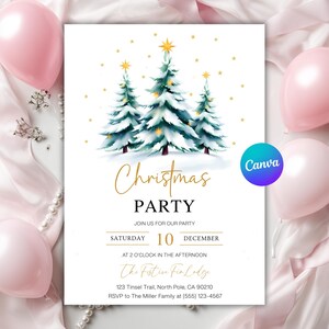 Könnte beinhalten: Eine weiße Weihnachtsparty-Einladung mit Aquarellillustrationen von drei Tannenbäumen. Die Einladung enthält den Text "Christmas PARTY" und Veranstaltungsdetails. Rosa Ballons sind im Hintergrund zu sehen.