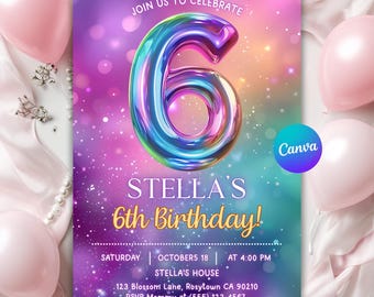 Pink 6th Birthday Invitation, Glitter Party Invite, Girl 6th Invitation, Girl Sixth Birthday Party, Printable Canva Editable Template