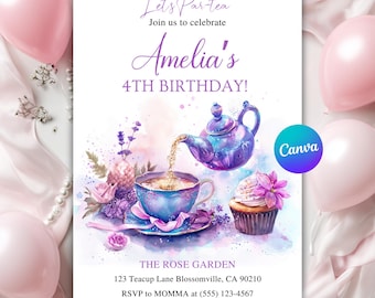 May include: A birthday party invitation with watercolor illustrations. The invitation features a teapot pouring tea into a teacup, a cupcake, and the text "Amelia's 4th Birthday!" in purple. The invitation also includes the text "Let's Par-tea".
