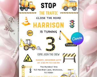 Construction Birthday Invitation, Construction Invitation, Dump Truck Party Invite, 3rd Birthday Invite Printable, Canva Editable Template
