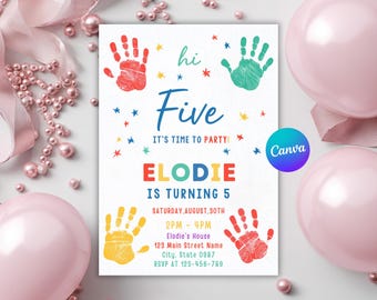 Hi-five 5th Birthday Invitation, Hi Five Invite Template, High Five Birthday, Colorful Birthday Invite, Modern Party Invite, Canva Editable