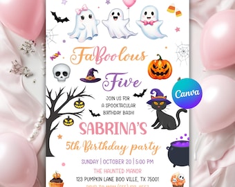 May include: A Halloween-themed invitation with the text "FaBoolous Five" and "Sabrina's 5th Birthday Party." The design includes ghosts, bats, a pumpkin, a black cat, and a cauldron. Pink balloons and a white background complete the festive look.