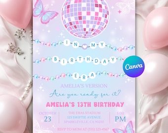 In My Birthday Era Invitation, Friendship Bracelet Invitation, Teen Birthday Girl Music Party Invite, Purple Blue Eras Party, Canva Editable