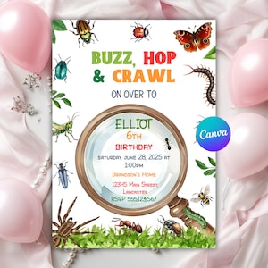 Könnte beinhalten: Eine weiße Einladungskarte mit Insekten-Thema. Der Text lautet "Buzz, Hop & Crawl" und "Elliot 6th Birthday". Die Einladung enthält Illustrationen verschiedener Insekten, eine Lupe sowie Datum, Uhrzeit und Ort der Party.